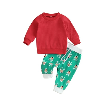 

Baby 2 Piece Outfits Christmas Waffle Round Neck Sweatshirt and Pants