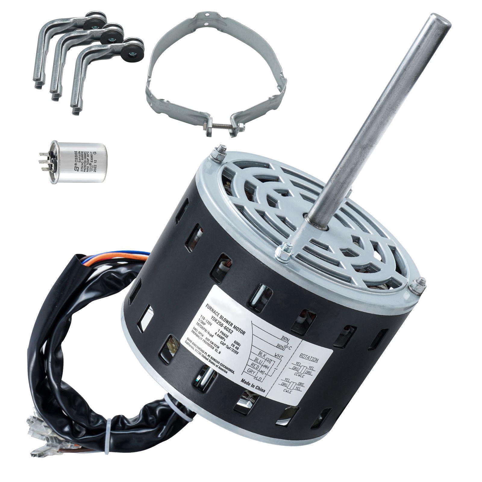 1/3 HP Furnace Blower Motor 110 120V 4.4 Amps 1075 RPM 4 Speeds CW CCW Rotation 48 Frame 5.2 Inch Shaft Length 5μF 370V Capacitor with 11 Inch Hold Hoop