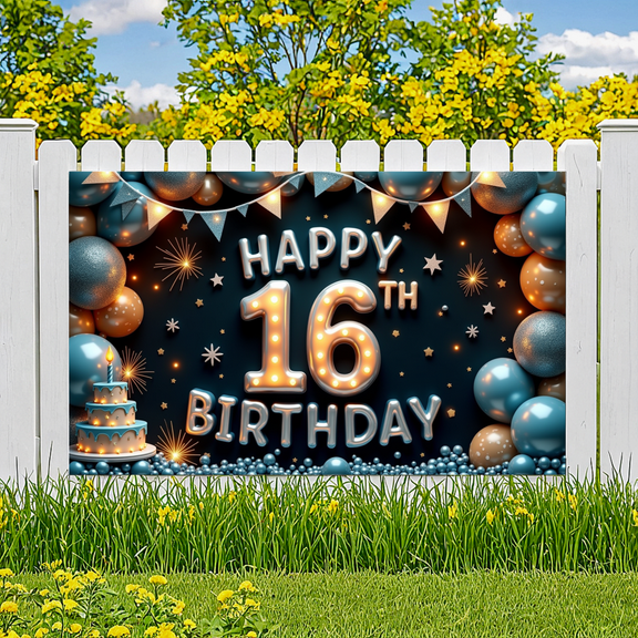 Colorful Balloon Birthday Banner Decorative Cake Stars Happy 16th Celebration for Birthday Party Teenage Event Kids Gathering
