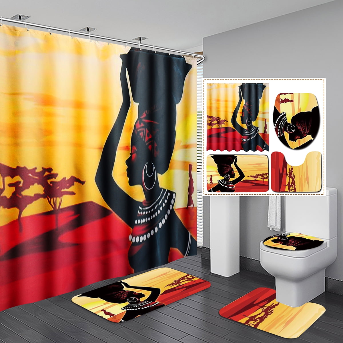 African Women Shower Curtain with 12 Hooks Bath Mat Toilet Cover Rug Decor Set