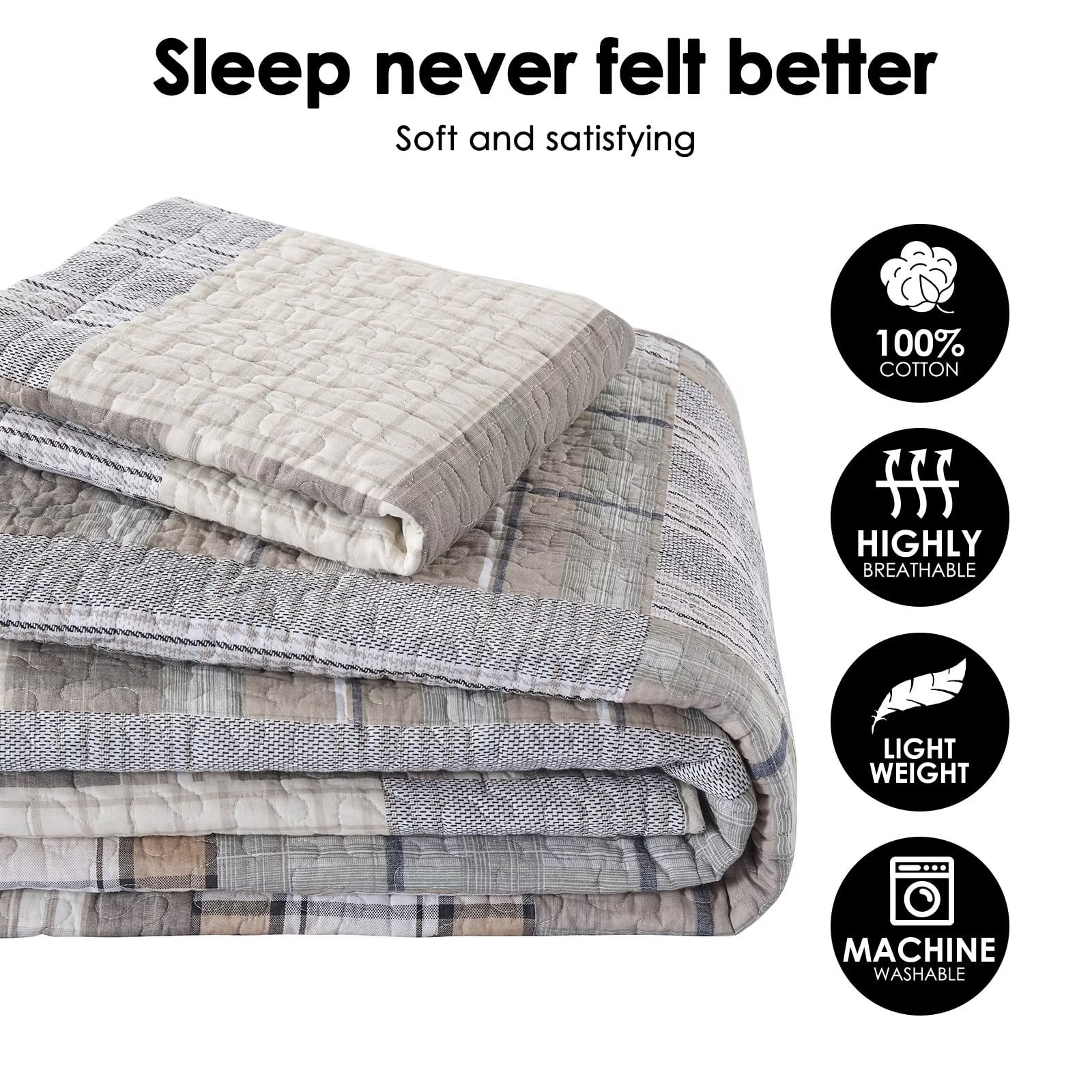 Bedduvit 100% Cotton King Size Quilt Set - Brown Farmhouse Patchwork Plaid Bedspread Cotton Quilt for King Beds in Tan, Lightweight Warm Spring/Summer Comforter Set for All Season, 3-Piece (98"x106")