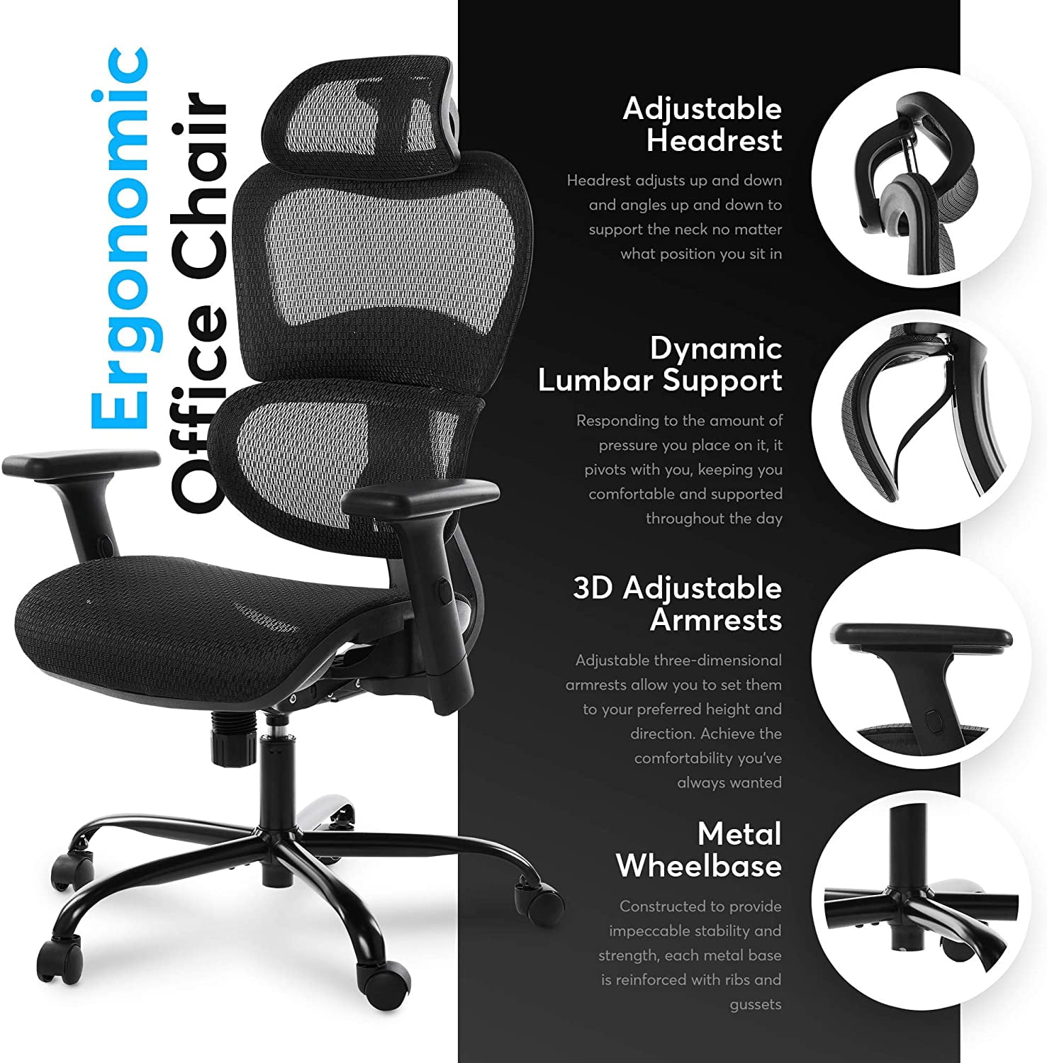 Oline ErgoPro Ergonomic Office Home Desk Mesh Gaming Swivel Computer Black Chair 