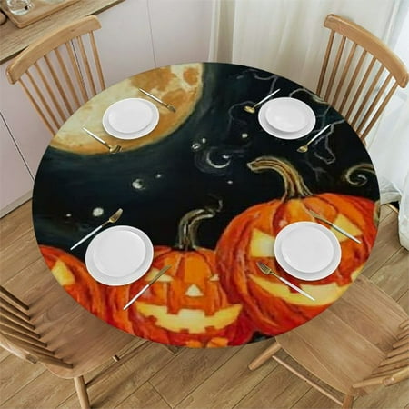 

Autua Pumpkins Full Moon Gothic Art Round Tablecloth 100% Polyester Stain-Resistant Washable Indoor Outdoor Restaurant Party Wedding Halloween Outdoor Fitted 54 -58