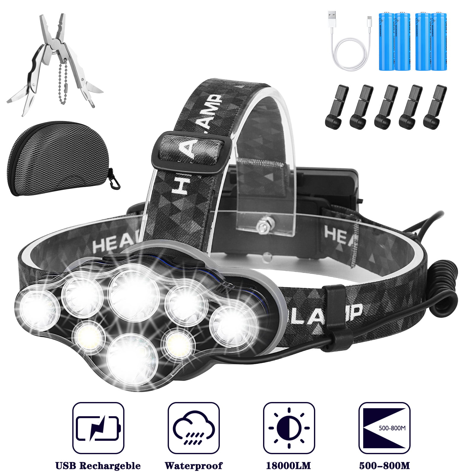 Super Bright Headlight 18000 Lumens 8 LED 8 Modes Rechargeable 800M Head Torch 