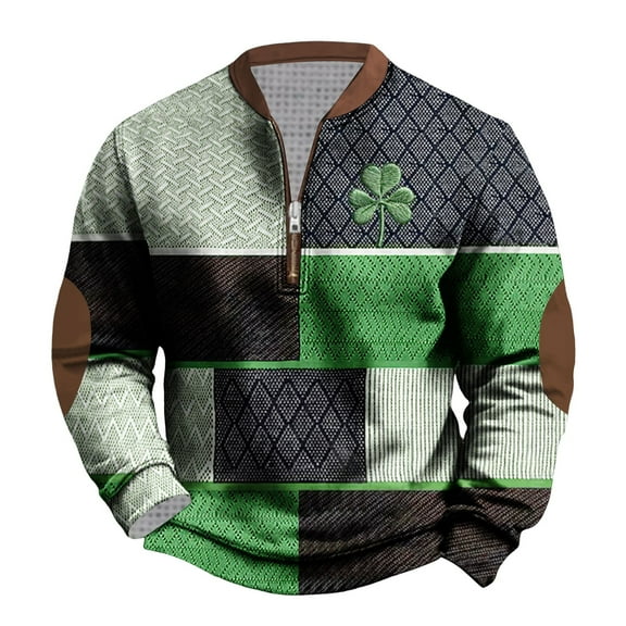 YABCSAZ Men's St Patricks Day Sweatshirt Long Sleeve Irish Shirts Vintage Stand Collar Zip Pullover Shamrock Clover Printed Plaid Sweaters,Mardi Gras Valentine's Day Gifts