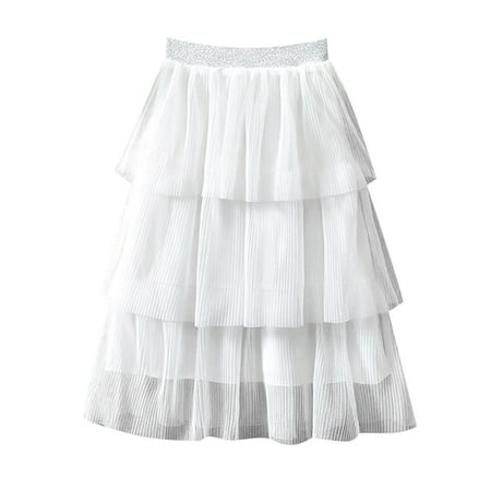 

BAYAIXZ Summer Skirts Summer Girl Half Skirt Three Seersucker Press Pleated Mesh Half Skirt Princess Wind Short Skirt 1 To 8 Years Black Skirt for Girls (White 130)