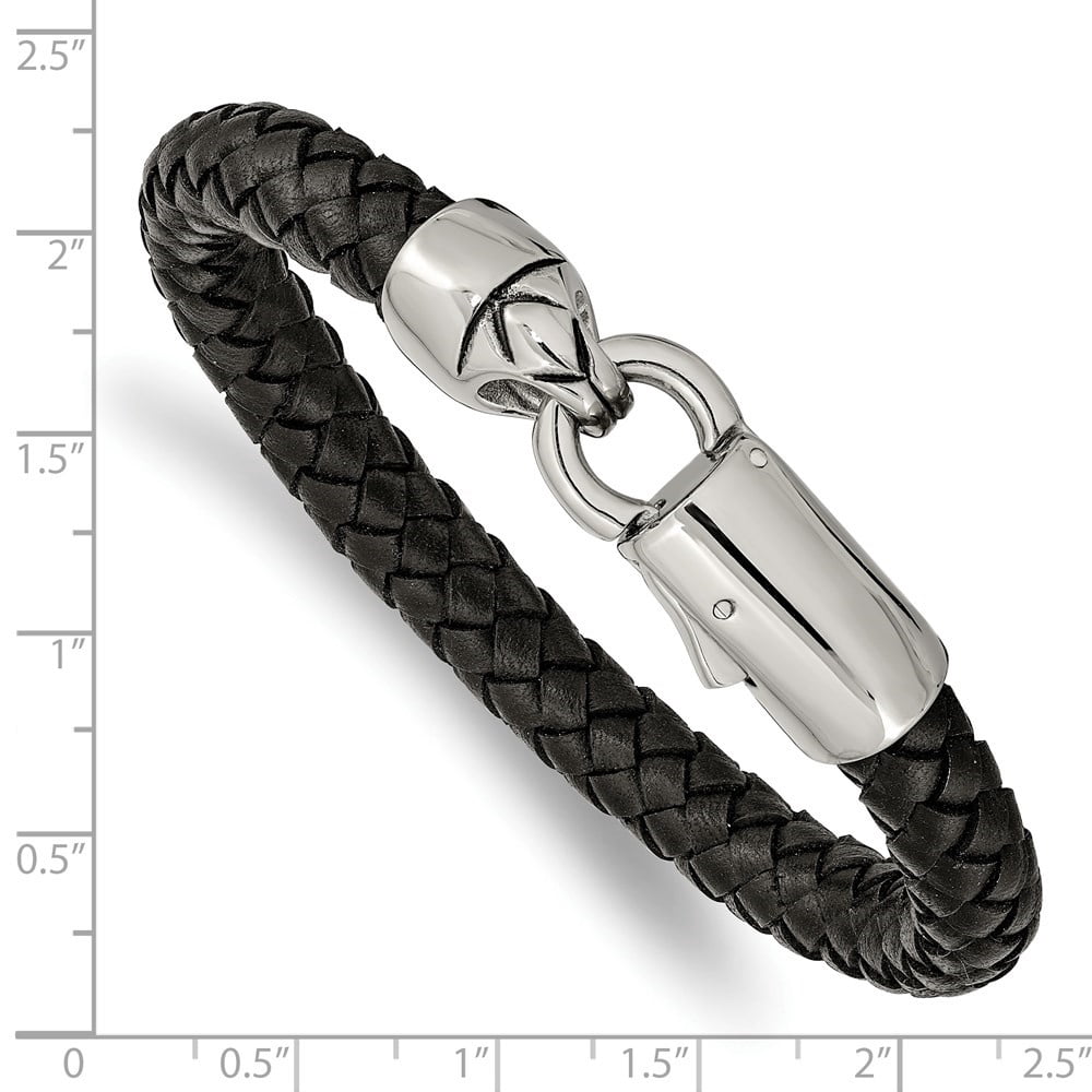 Diamond2Deal Stainless Steel Antiqued and Polished Black Braided Leather Bracelet for Men 8.25"