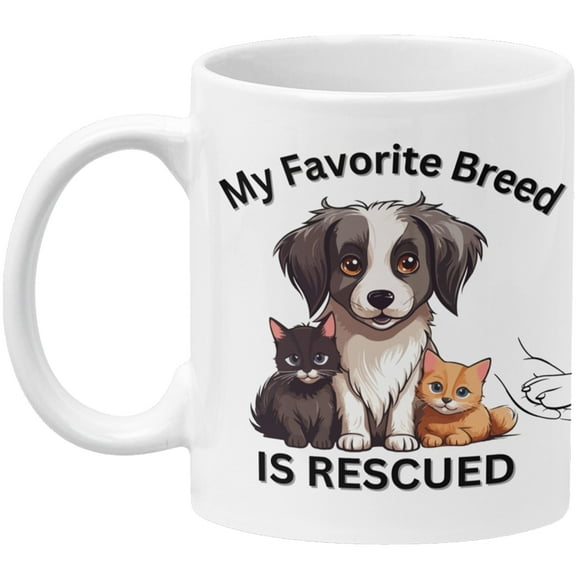 Rescued Is My Favorite Breed Ceramic Mug for Dog & Cat Lovers, Pet Rescue Gift, Dishwasher & Microwave Safe,  11 oz.