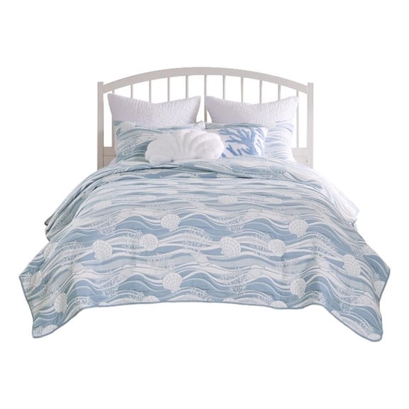 Benjara Doz 3pc Queen Size Coverlet Set- Coastal Matelasse- Tidal Blue- White