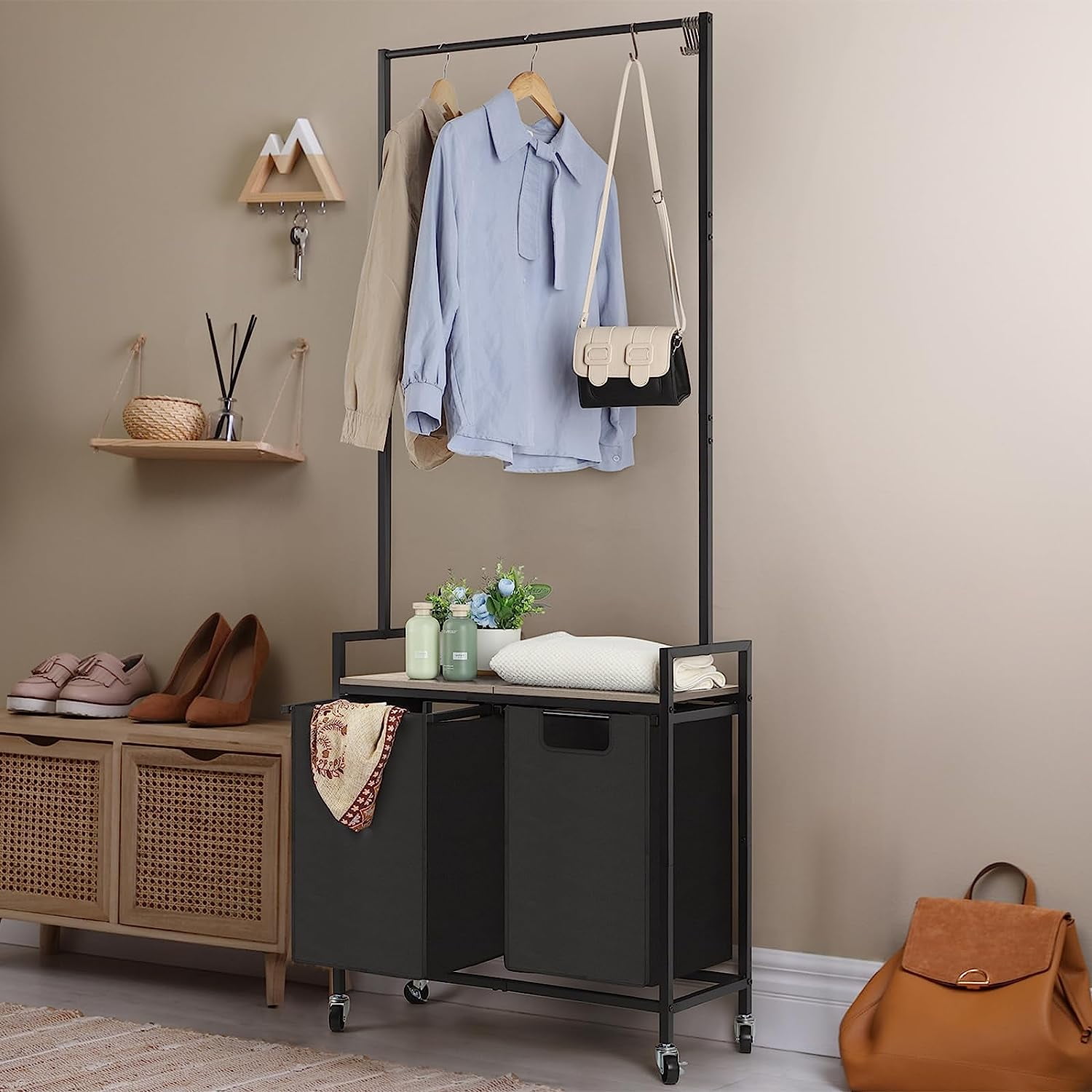 Laundry Sorter with Hanging Bar 2 Section Laundry Hamper with Shelf and