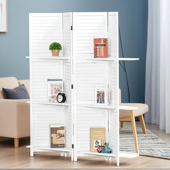 Resenkos 4-Panel Tall Wood Privacy Screen with 3 Shelves, 67", White
