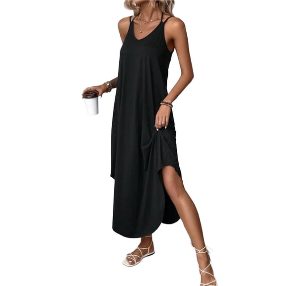 CHGBMOK Halter Cami Dress for Women Solid V Neck Sleeveless Loose Casual Dress Curved Hem Flare Elegant Long Dresses Spring Summer