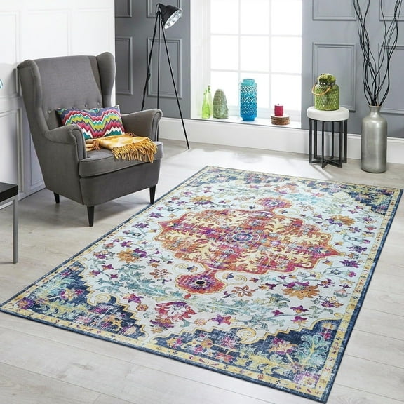Mandala - Machine Washable Area Rugs 3 X 5 Ft, Stain Resistant Rug, Durable Polyester Material, Patterned & Colorful Rug, Bedroom & Living Room Rug, Room & Modern Home Decor - Blue