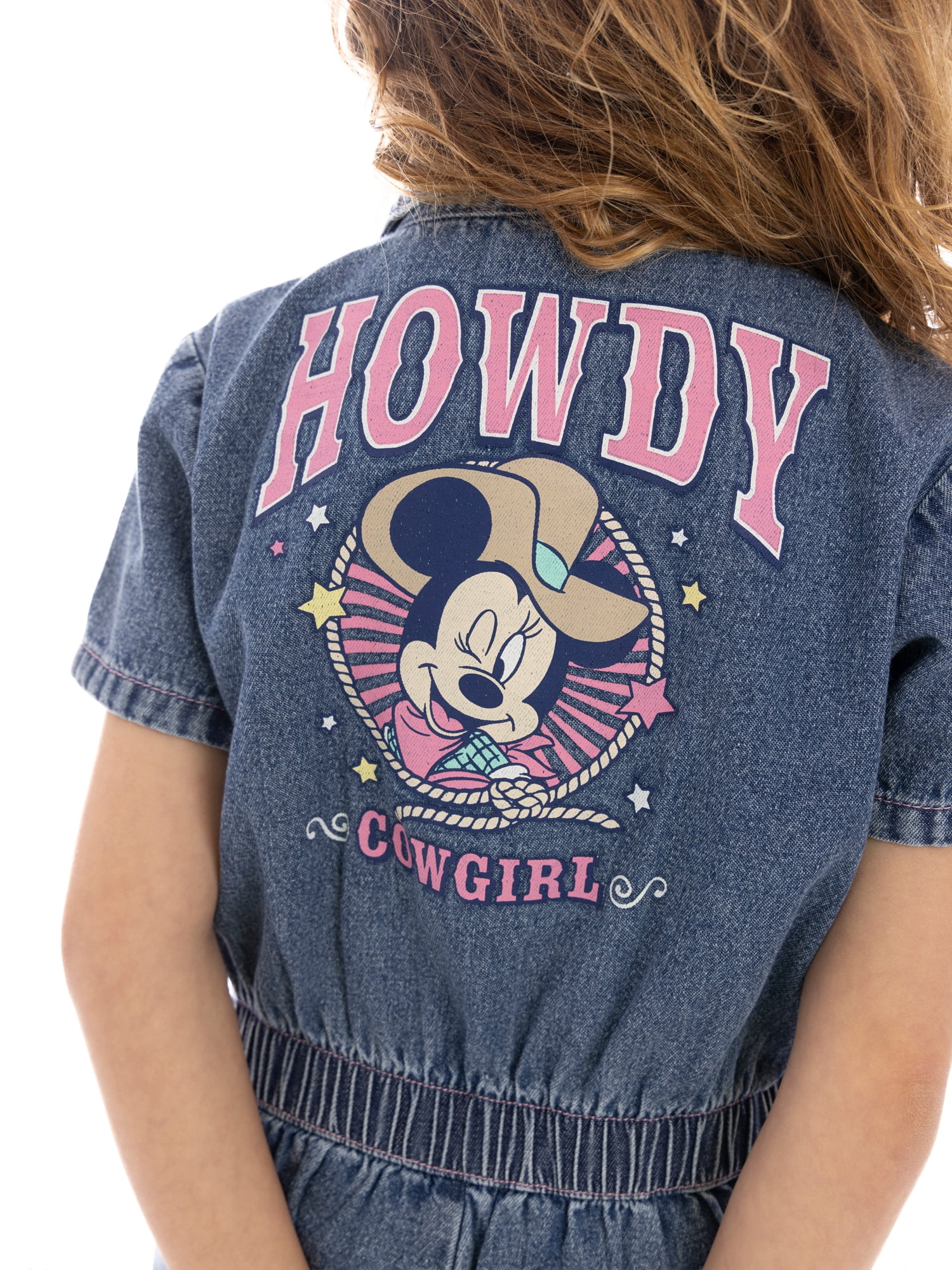 Minnie Mouse Toddler Girl Western Graphic Print Short Sleeve Denim Romper, Sizes 12M-5T