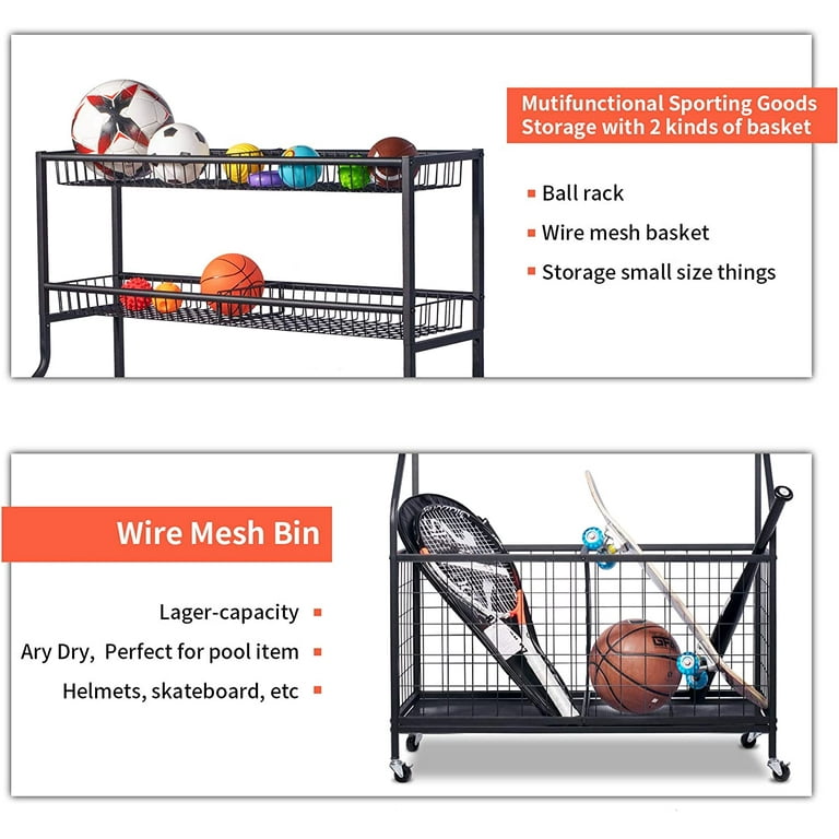 Techvida Sports Equipment Organizer, Ball Storage Rack, Garage Ball Storage, Sports Gear Storage, Rolling Sports Ball Storage Cart