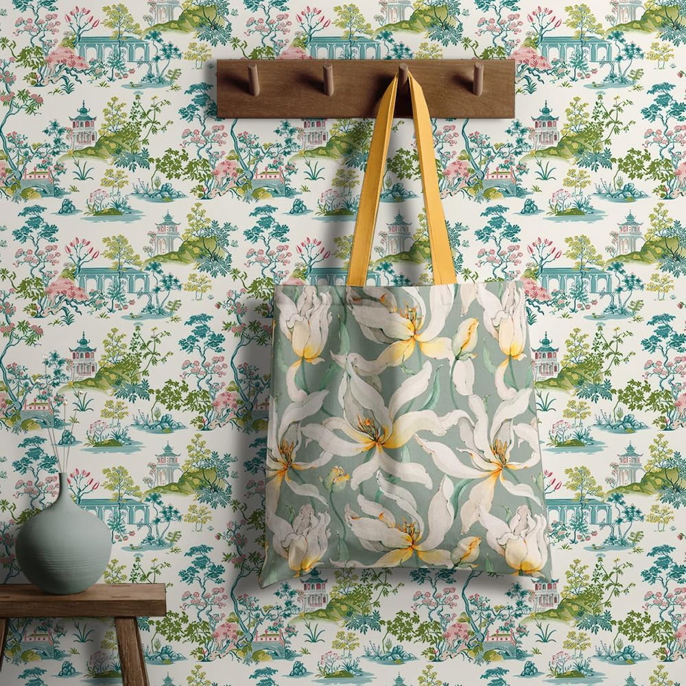 Vintage Green Blue Pink Garden Landscape Nature Plants Peel and Stick Wallpaper Contact Paper Vinyl Stick on Wall Paper for Bedroom Bathroom Kitchen Cabinet Renter Friendly