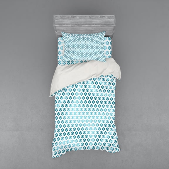 Ambesonne Abstract Bedding Set 3 Pcs, Simple Geometric Flowers, Twin, Teal White