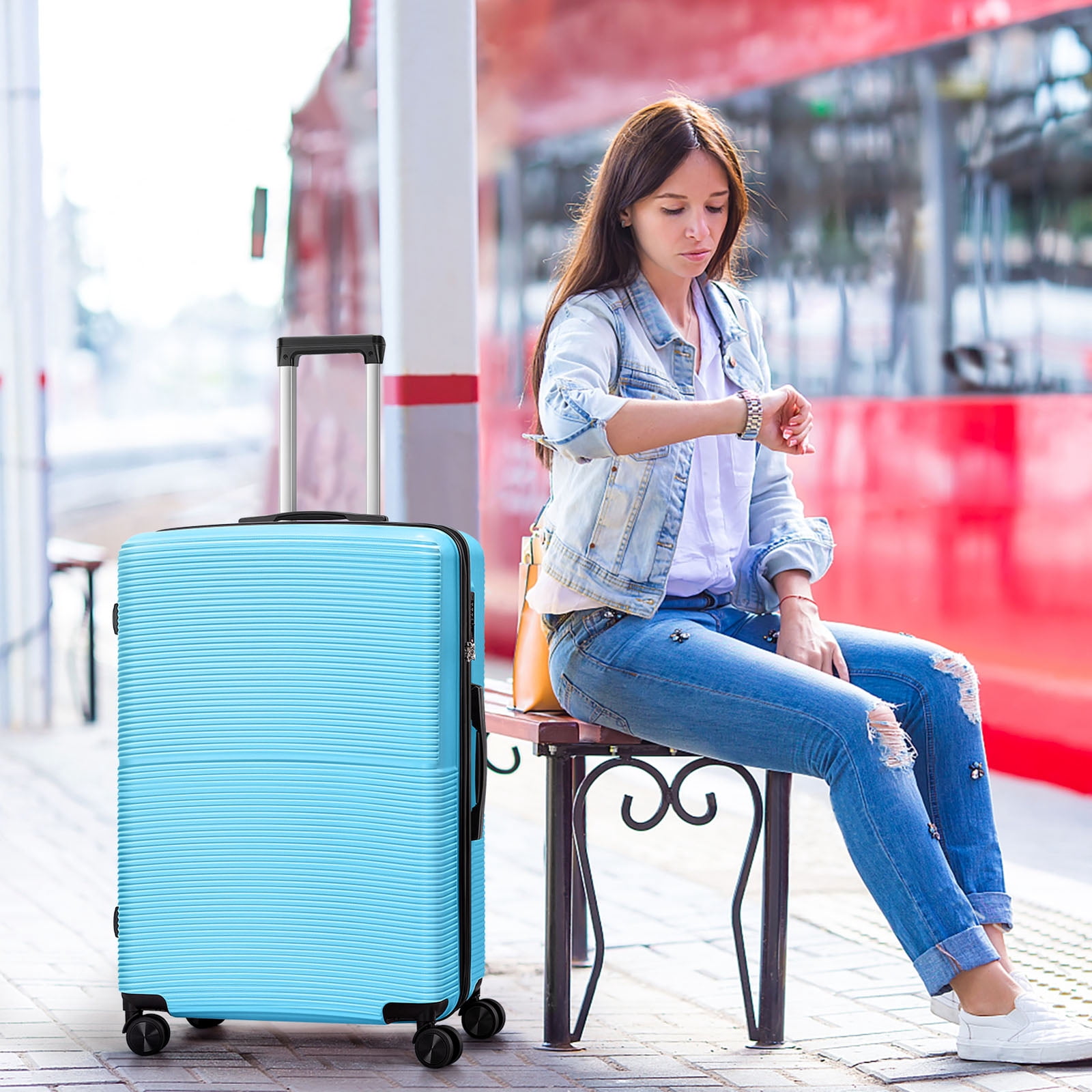 Hikolayae Hardside Spinner Luggage Sets in Light Blue, 3 Piece, TSA Lock