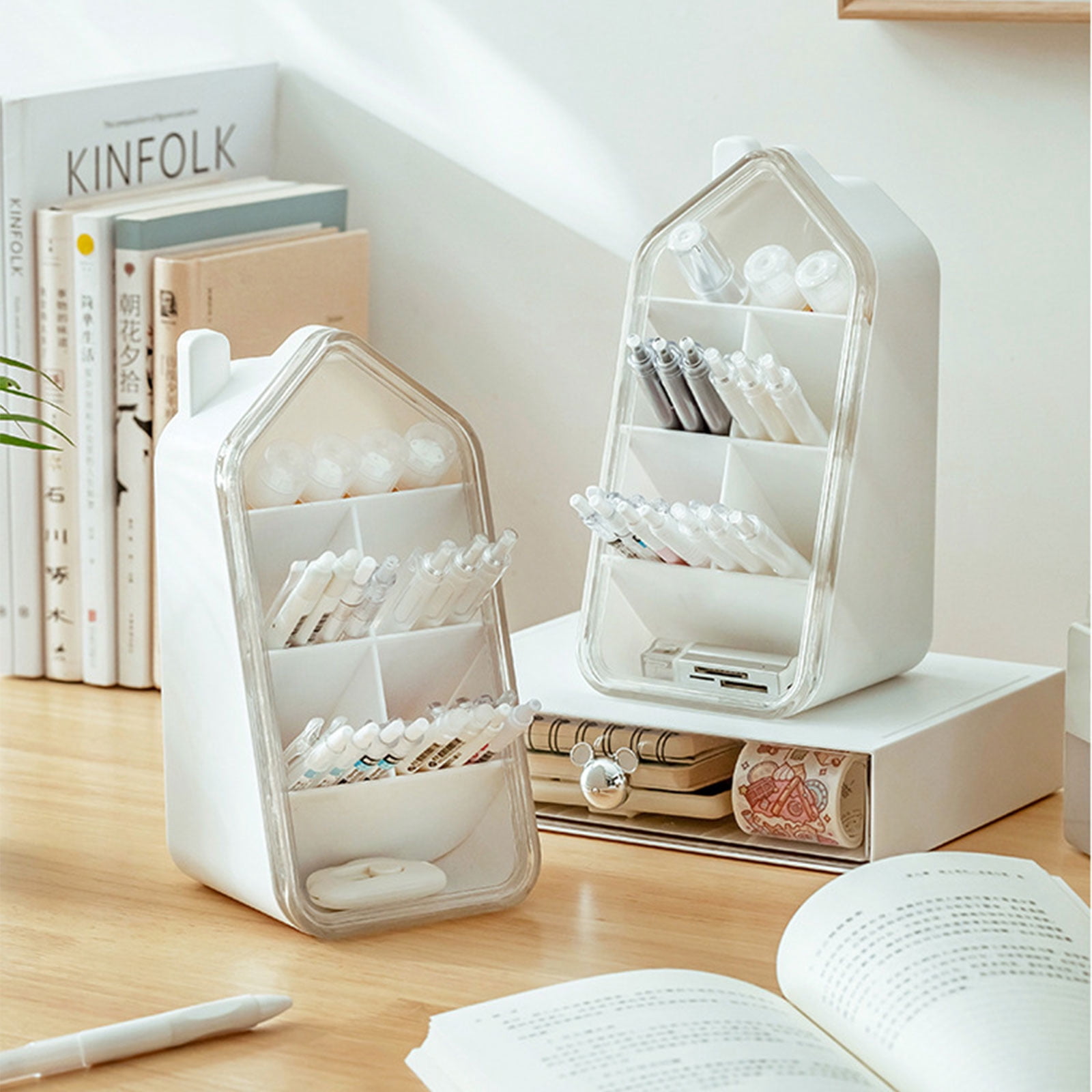 Desk Pen Organizers With Drawer 7 Segments Pencil Holder Obliqued Pen Cup Art Supply Organizers Art Marker Storage Box