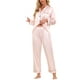 thumbnail image 2 of Pijamas de satén para mujer Cheibear, ropa de dormir de manga larga con pantalones, conjuntos de lounge con botones y estampado floral, 2XL, rayas rosas, 2 of 4