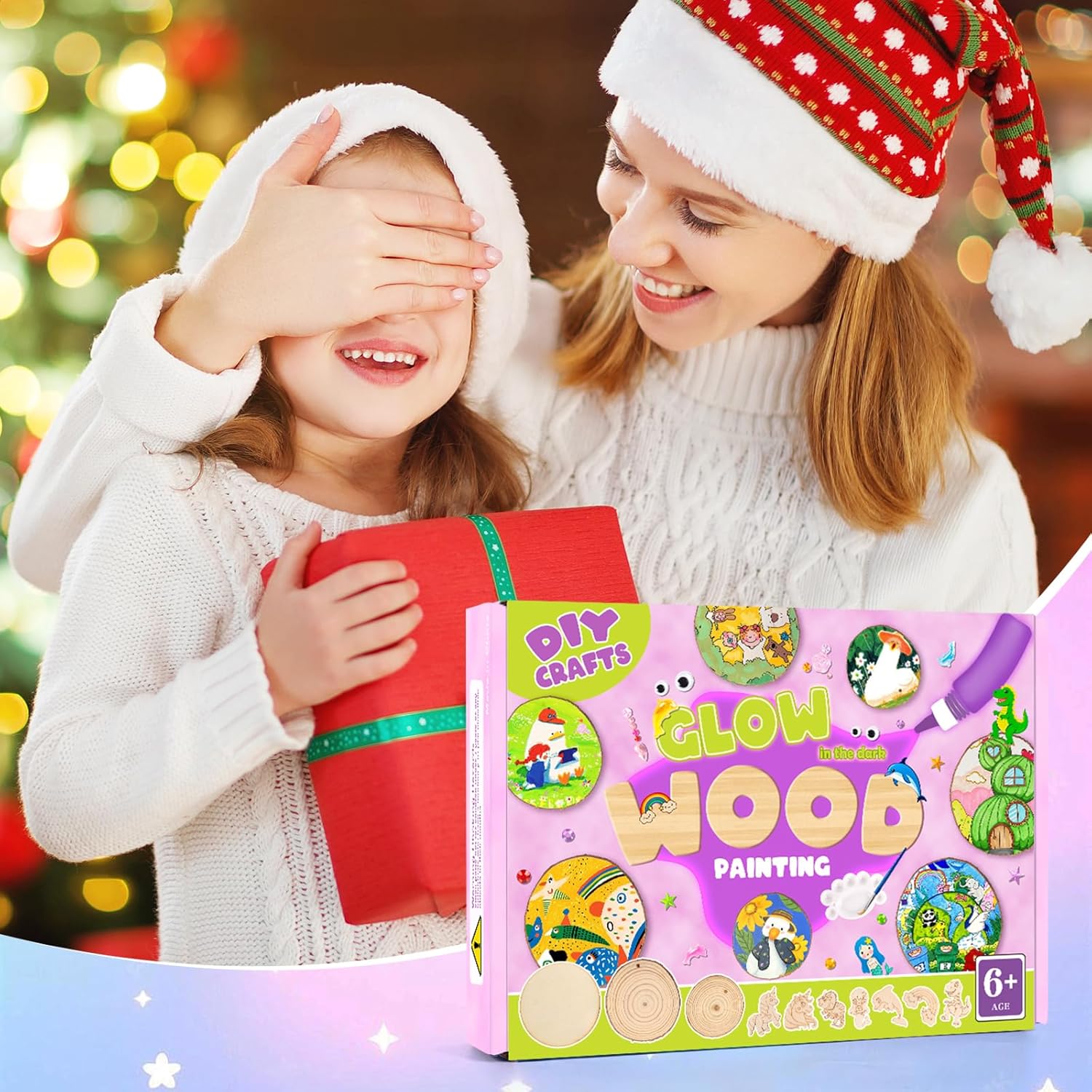 Wooden Painting Kit for Kids 6-12, 26 Pcs Wood Slices Craft Kit Gift Set with Assorted Gems & Diamond Painting Tools, Creative Art Activity Supplies for Boys Girls