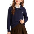 thumbnail image 3 of Girls Sweater Cable Knit Peter Pan Collar Button Placket Soft Lightweight Long Sleeve Jumpers (Navy), 3 of 6