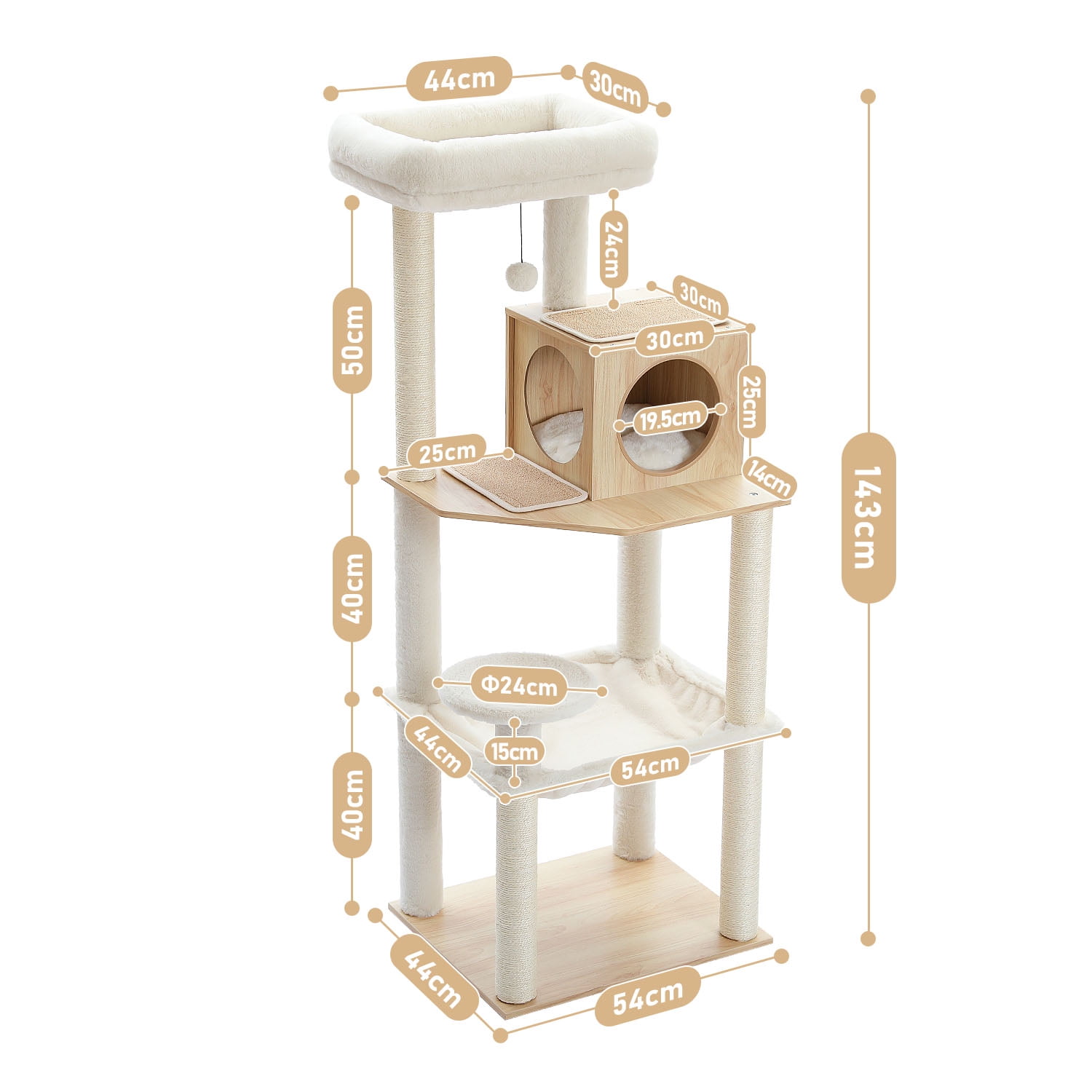 Pefilos 56" Cat Tree Tower for Indoor Cats, Modern Wood Cat Condo with Scratching Post for Large Cats Climbing, Multi-Level Cat Tree House, Beige