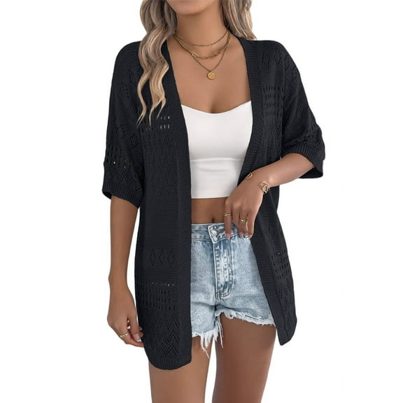 Summer Crochet Cardigan for Women Short Sleeve Boho Oversized Open Front Knitted Cardigan Khaki L