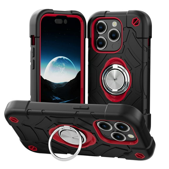 ELEHOLD Heavy Duty Rugged Case for iPhone 15 Pro Foldable Ring Holder Kickstand Case, Hybrid Tri-Layers Military Grade Shockproof Protection Cover for iPhone 15 Pro 6.1",Black Red