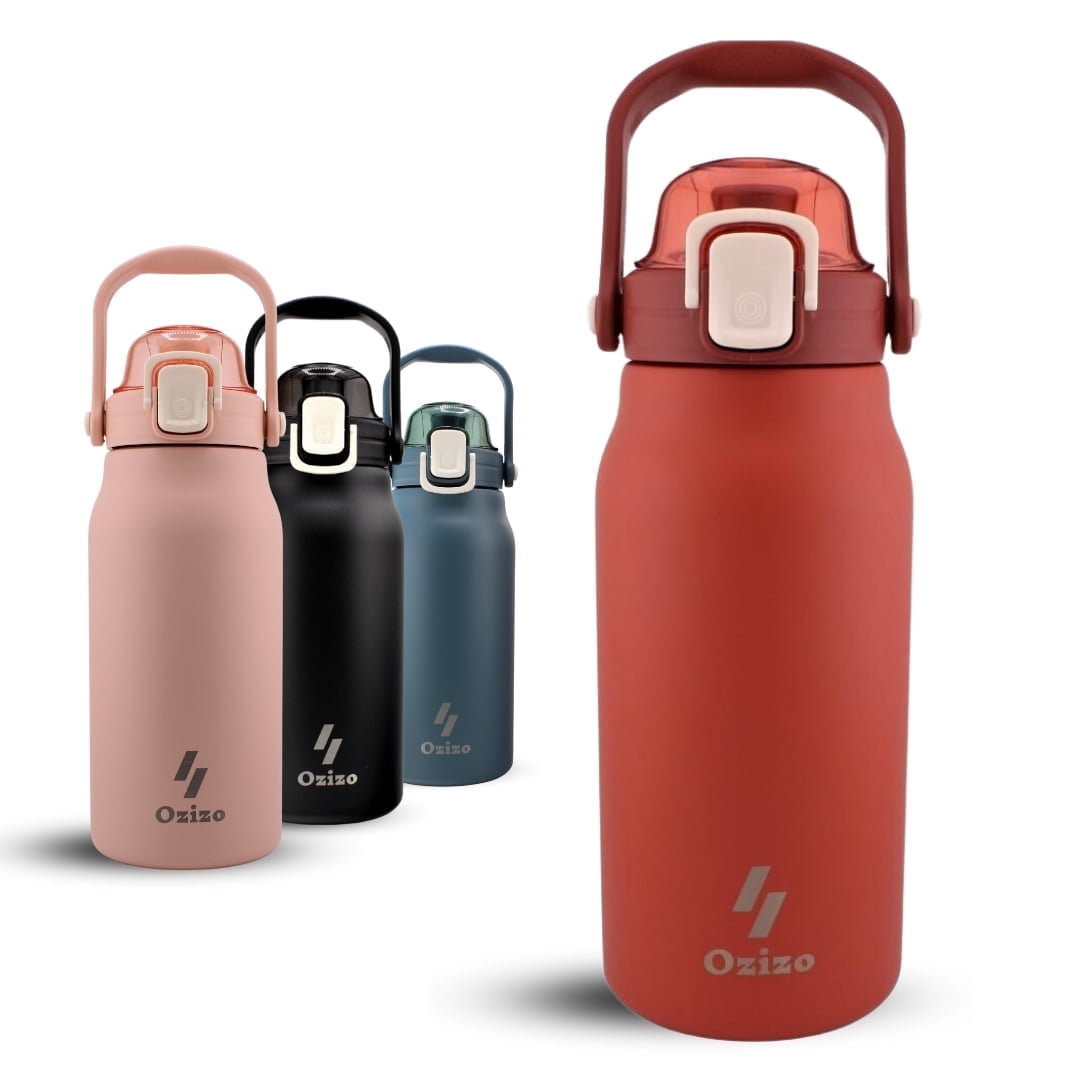 2 Ozizo 44oz Insulated Reusable Thermos Bottle with Straw, Mixing Ball, Push-Button Lid, and Handle