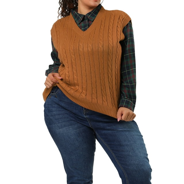 Suéteres de talgrande pamujer Chaleco con cuello en V Cable Estilo de muy buen gusto Jersey sin mangas Suéter Chalecos marrón 1X