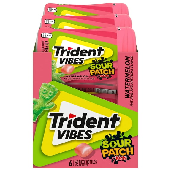Trident Vibes SOUR PATCH MFF30 KIDS Watermelon Sugar-Free Chewing Gum, 6 Bottles of 40 Pieces (240 Total Pieces)