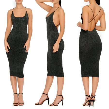 Style Pencil Dress - Women Sequins Club Dress Strappy Bandeau Bodycon Bandage Sleeveless Backless Summer Evening Party Slim Pencil Midi Dress Black S