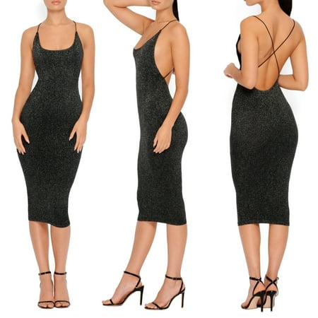 Women Sequins Club Dress Strappy Bandeau Bodycon Bandage Sleeveless Backless Summer Evening Party Slim Pencil Midi Dress Black