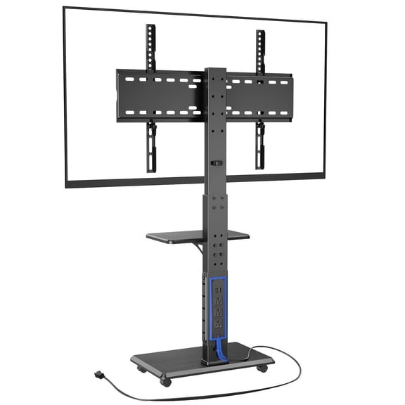 Rolling TV Stand with Power Outlet, Mobile TV Cart for 32-75 Inch TVs up to 110 lbs, 18 Adjustable Heights, Max VESA 600x400mm, TV Floor Stand with Swivel Mount/Shelf/Wheels, Fits for Bedroom