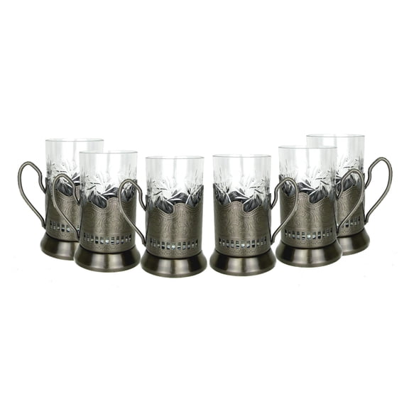 Combination of 6 European Cut Crystal Drinking Tea Glasses W/metal Glass Holders "Podstakannik" for Hot or Cold Liquids