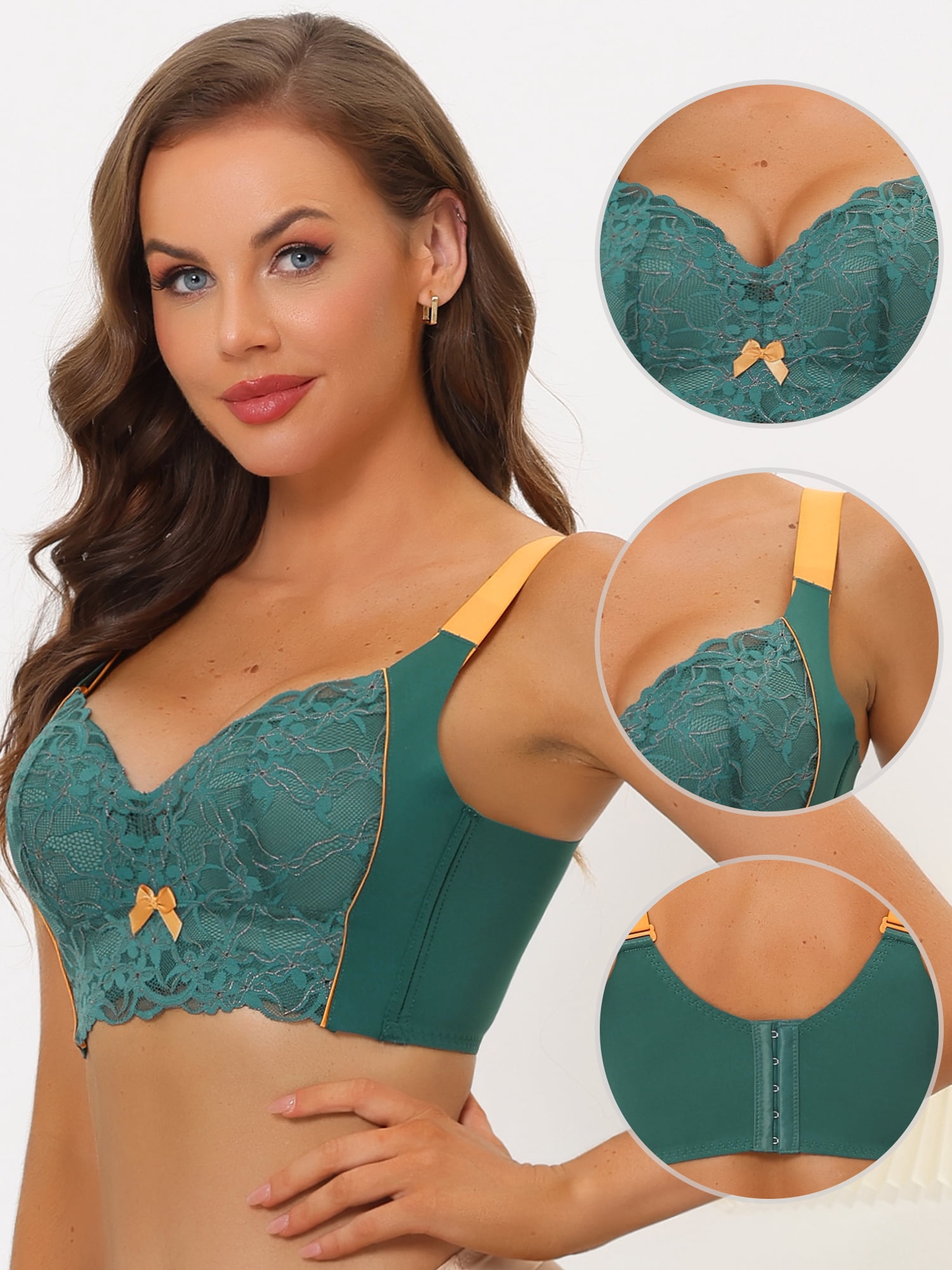 Unique Bargains Women's Wide Straps Padded Lace Push Up Tie Bra 40D Dark Green