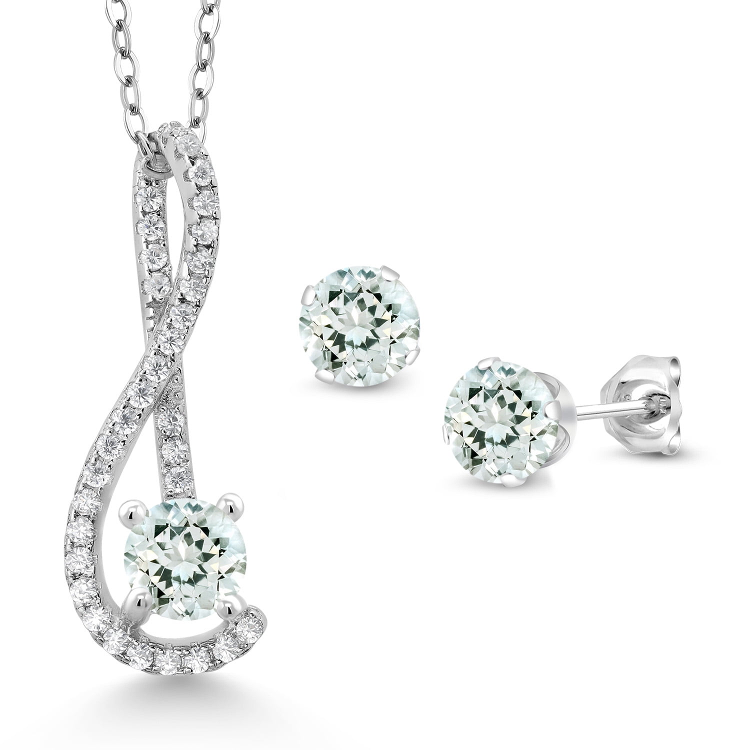 Gem Stone King 1.76 Ct Sky Blue Aquamarine White Created Sapphire 925 Sterling Silver Pendant and Earrings Jewelry Set