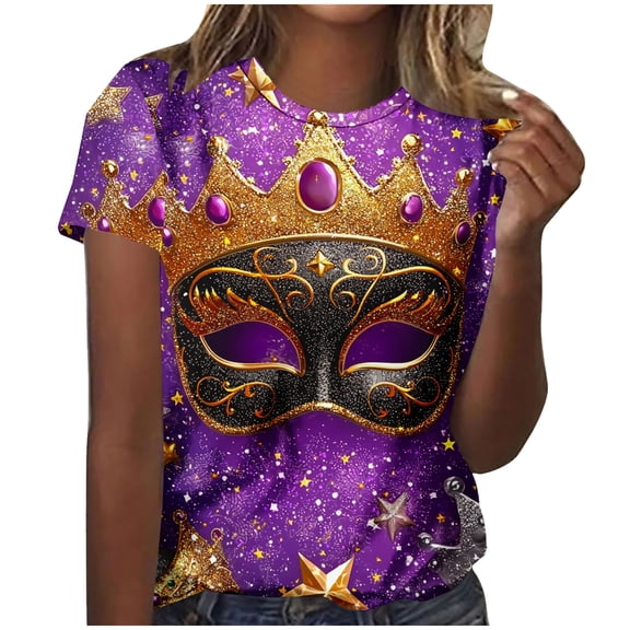Olyvenn Loose Casual Printed Short Sleeve Round Neck T-shirt Comfortable Fashion Blouse for Women Perfect for Daily Wear and Parties Fashionable Top Purple M