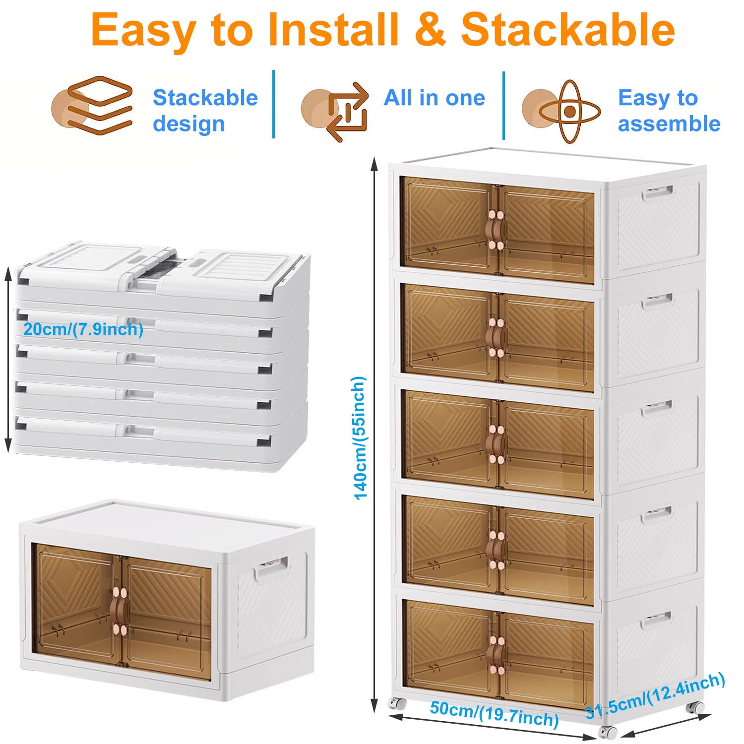 Storage Bins with Lids, 5 Tier Foldable Plastic Storage Container with Door, Stackable Collapsible Storage Bins for Closet Organizers and Storage, Secure Lock