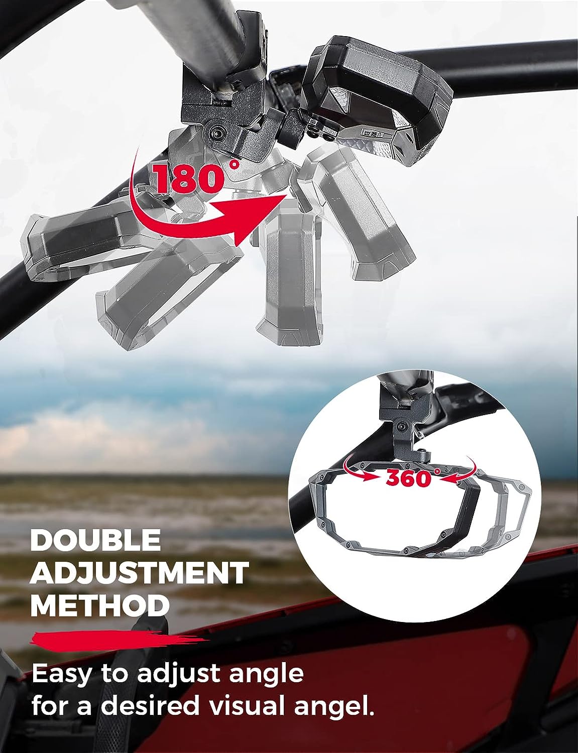 KEMIMOTO UTV Rear View Center Mirror w/ Light Heavy-Duty Compatible with 1.5" -2" Roll Bar Polaris RZR Kawasaki Mule Pioneer Talon Can Am X3