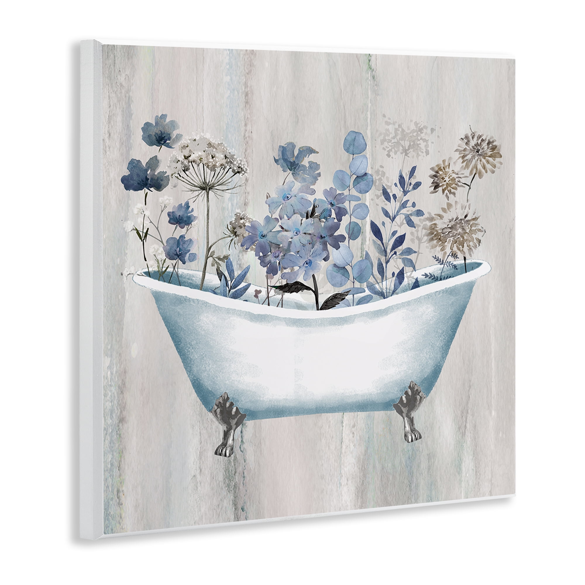 Stupell Industries Rustic Blue Floral Tub Bath & Laundry Painting Unframed Art Print Wall Art, 12 x 12