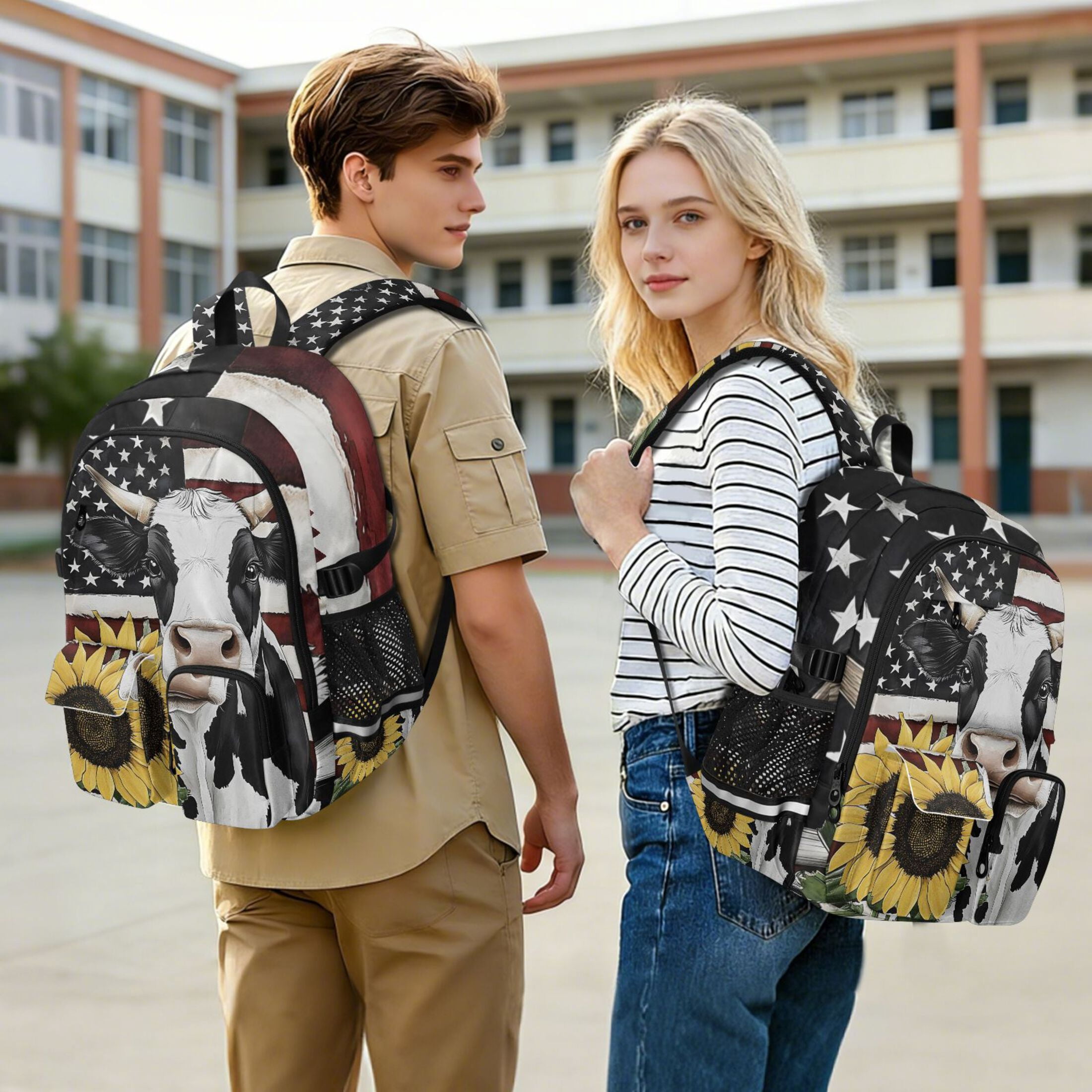 ALAZA Cow with Flag Sunflower Print Student Backpack School Bookbag Large Laptop Daypack Travel Bag