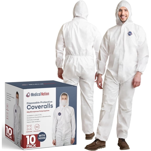 Medical Nation Hazmat Suits Disposable | 10 Pack | Hooded, Heavy Duty, Breathable Disposable Coverall, Painter Suit| 9 Sizes