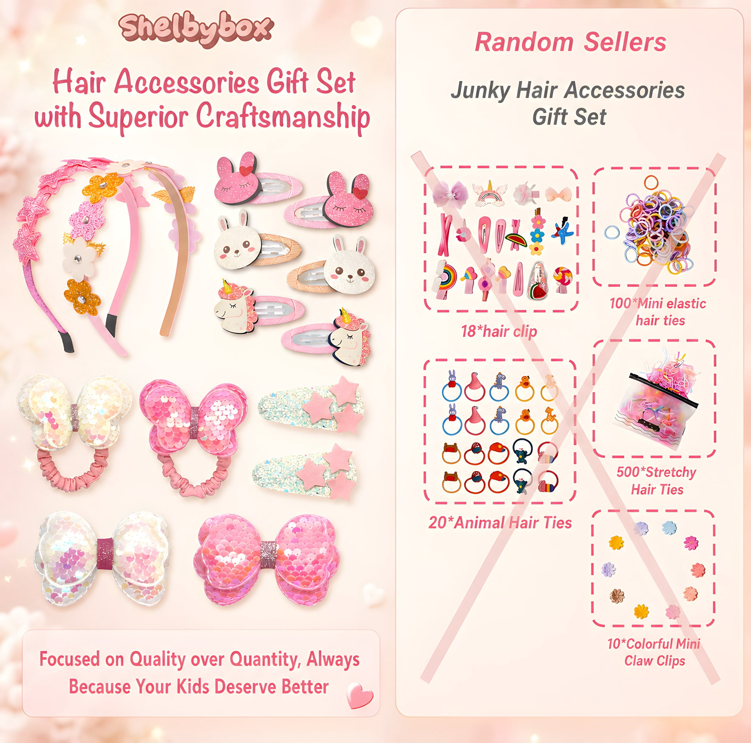 Shelbybox Hair Accessories for Girls Gift Set, 22 Pieces Pink Hair Clips, Barrettes, Ponytail Ties, Bows, Headbands, Mirror & Unicorn Comb, Toddler Hair Set