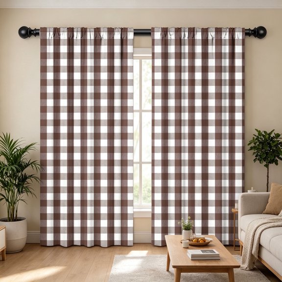 Buffalo Check Plaid Curtains for Living Room, Bedroom Farmhouse Gingham Style Texture Rod Pocket Semi Curtain Drapes, Brown, 52 x 84 Inch(2 Panels)