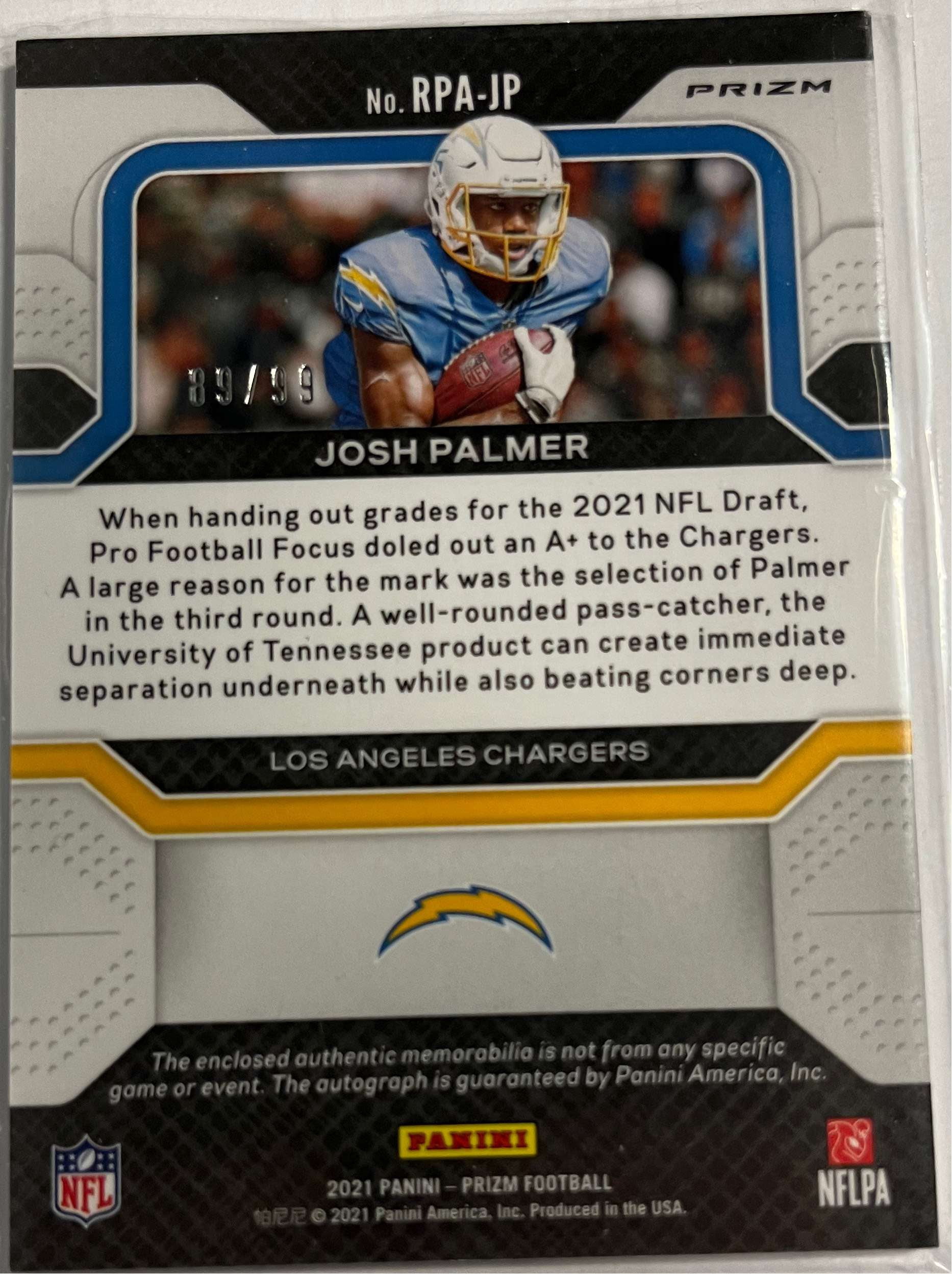 NFL 2021 Prizm Football Josh Palmer 89/99 AutographedTrading Card RPA-JP (Silver RPA (3 color patch)) (Panini)