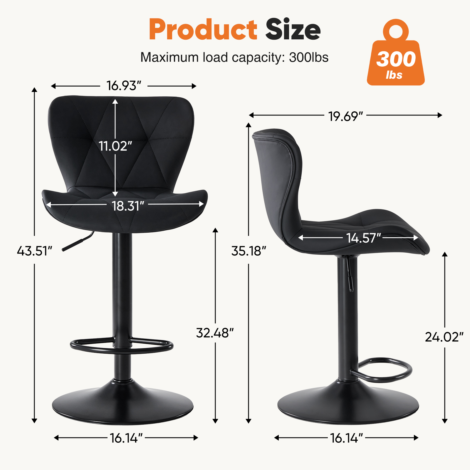 EDX Bar Stools Set of 2, Modern Adjustable Armless Swivel Counter Stools with PU Leather, Black