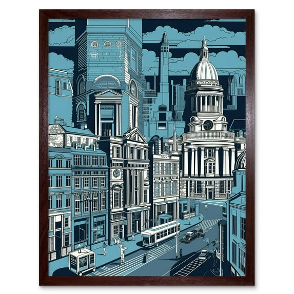 Belfast Cityscape City Centre Hall Linocut Style Art Print Framed Poster Wall Decor 12x16 inch