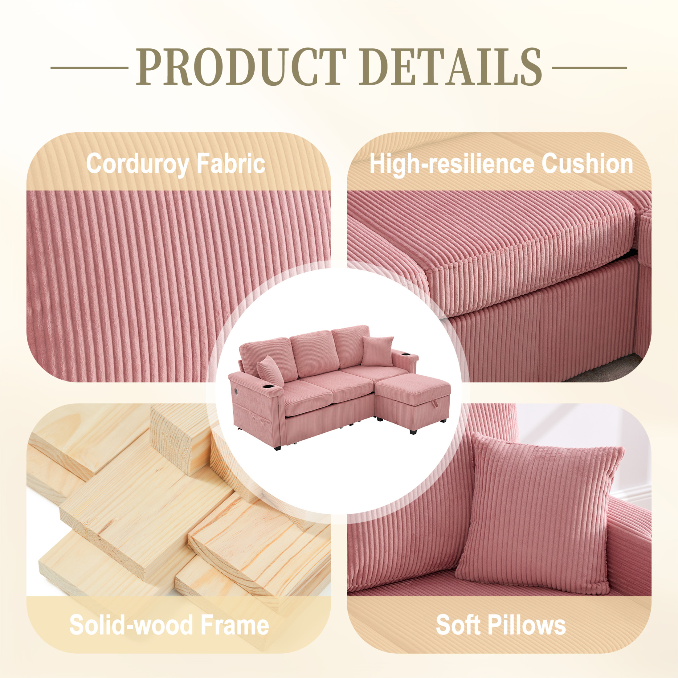 Noble House Elena 4-Seater L-Shaped Corduroy Sectional Sofa with Pull-Out Storage, Ottoman for Living Room, Pink